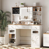 Vabches Farmhouse Makeup Vanity Desk with Mirror and Lights,White Vanity Table with Charging Station & Jewelry Storage,5 Drawers & 2 Cabinets,Dressing Table with Hidden Storage & Open Shelves Vabches