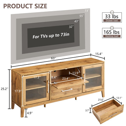 LUXOAK 63in Modern Wood TV Stand for 70+ Inch TV, Mid Century High Gloss Entertainment Center with Glass Doors & Adjustable Shelf, TV Console with Storage Drawer for Living Room, Yellow Oak, CTS008