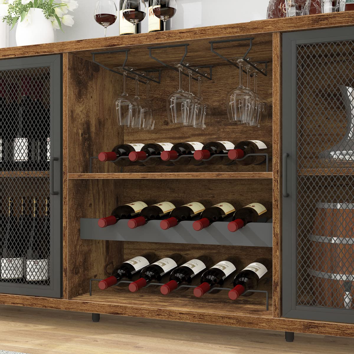 IBF Rustic Wine Bar Cabinet, Coffee Bar Cabinet for Liquor and Glasses, Farmhouse Wood Buffet Sideboard with Storage Rack, Wine Liquor Cabinet for Home Kitchen Dining Room, Rustic Brown, 55 Inch IBF