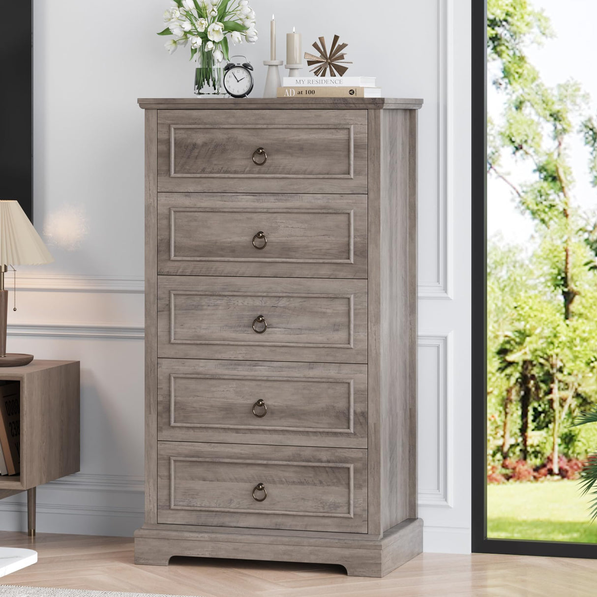 HOSTACK 5 Drawer Tall Dresser, Modern Farmhouse Chest of Drawers, Wood Dressers Organizer, Accent Storage Cabinet for Living Room, Hallway, Home Office, Ash Grey HOSTACK