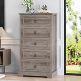 HOSTACK 5 Drawer Tall Dresser, Modern Farmhouse Chest of Drawers, Wood Dressers Organizer, Accent Storage Cabinet for Living Room, Hallway, Home Office, Ash Grey HOSTACK