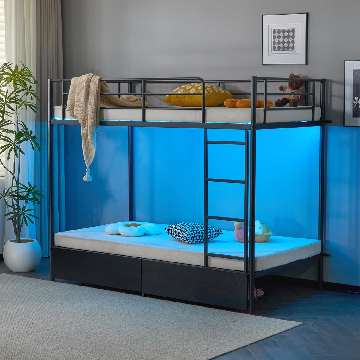 Karl home Metal Bunk Bed Twin Over Twin with 2 Storage Drawers, with USB Charging Station and LED Lighted, Safety Guardrail & Ladder, Easy Assembly, Space Saving, No Noise, No Box Spring Needed, Black Karl home