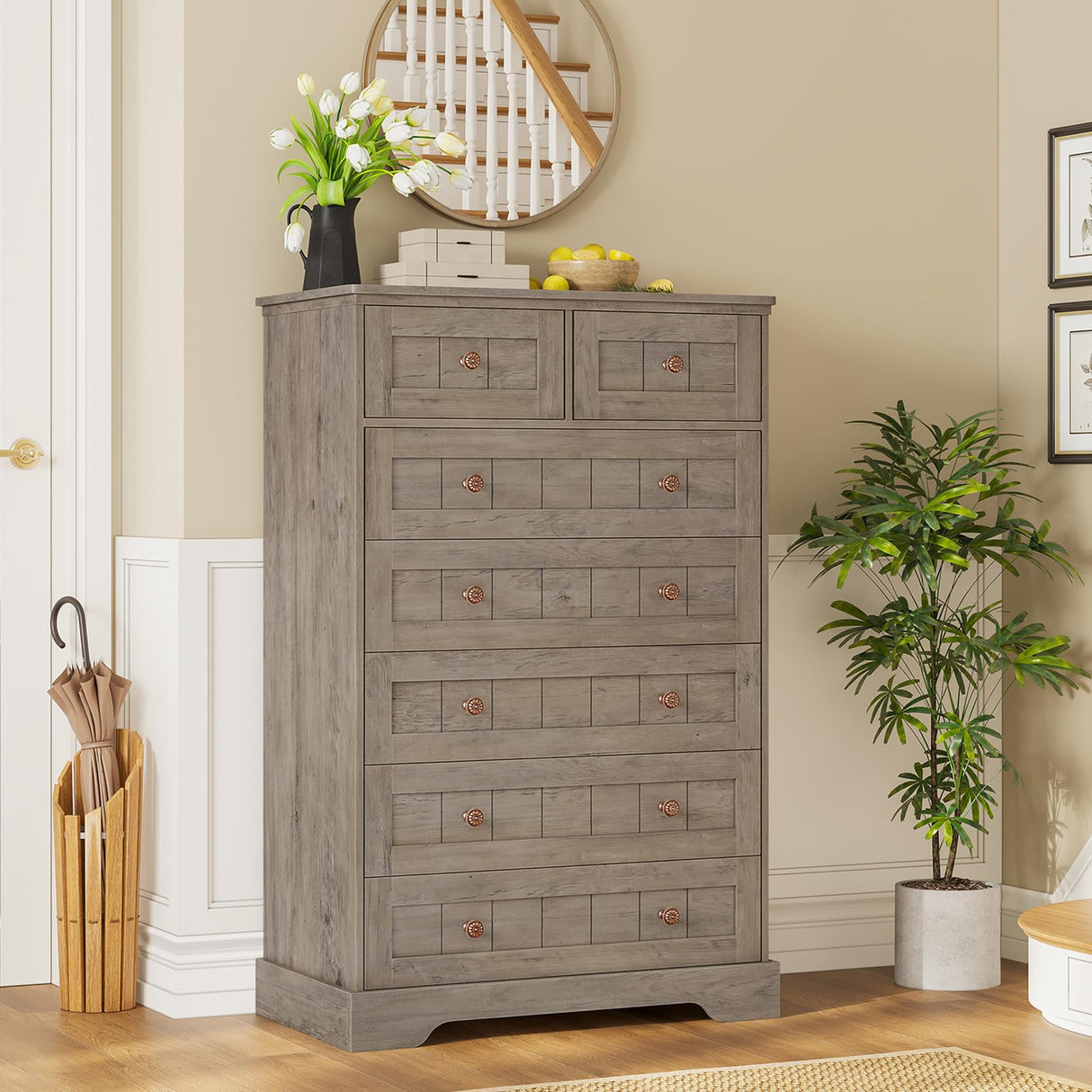 Hasuit Farmhouse Dresser for Bedroom, 7 Drawers Dresser, 51.4"Tall Dressers Chest of Drawers with Hand Carved Panel, Large Wood Closet Storage Organizer Rustic Dressers for Bedroom Living Room Hallway Hasuit