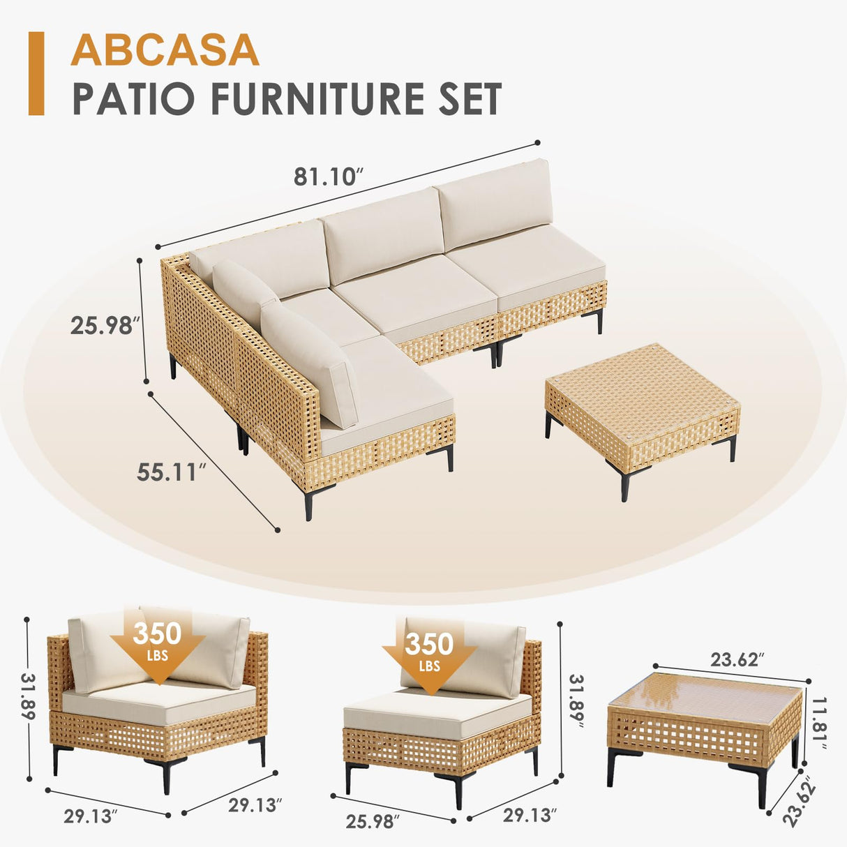 ABCASA Patio Furniture Set, 5-Piece Wicker Outdoor Patio Furniture Sets with Coffee Table,Boho Patio Conversation Set Sectional Sofa with All-Weather Cushions for Backyard,Porch,Beige ABCASA