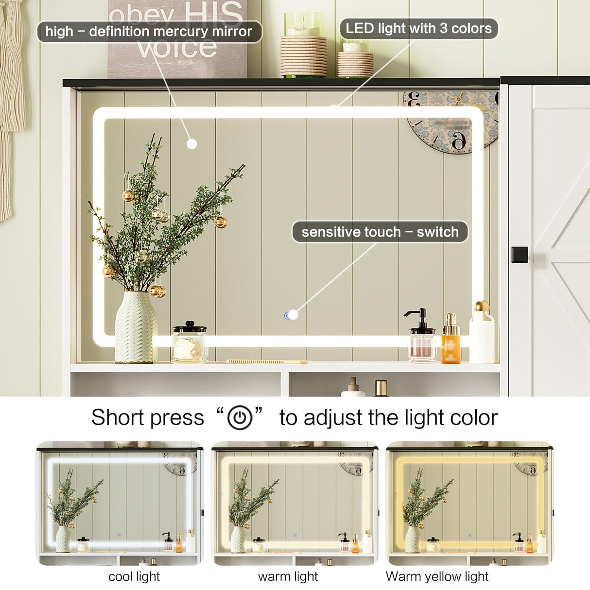 Ieejdn Farmhouse Makeup Vanity Desk with Mirror and Lights,Glass Top Vanity Desk with Power Outlet,Makeup Vanity with 2 Drawers & Storage Shelves,Rustic Vanity,Antique White+Black Ieejdn