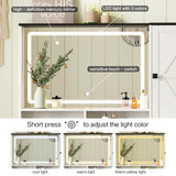 Ieejdn Farmhouse Makeup Vanity Desk with Mirror and Lights,Glass Top Vanity Desk with Power Outlet,Makeup Vanity with 2 Drawers & Storage Shelves,Rustic Vanity,Antique White+Black Ieejdn