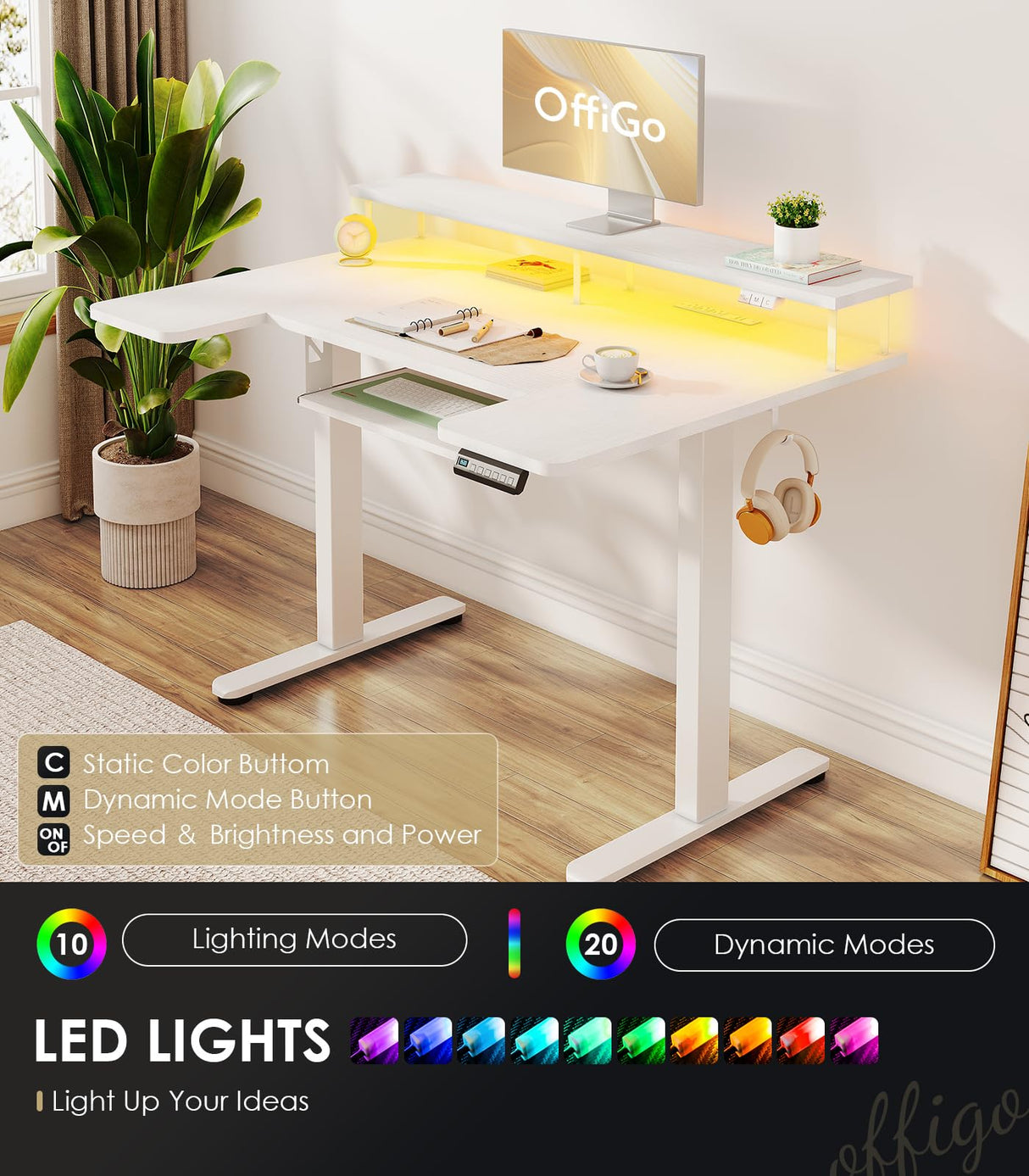 OffiGo U Shaped Electric Standing Desk with Keyboard Tray, 48 Inch Height Adjustable Desk with Power Outlets & LED Lights, Sit Stand Table with Monitor Stand for Home, Office, White OffiGo