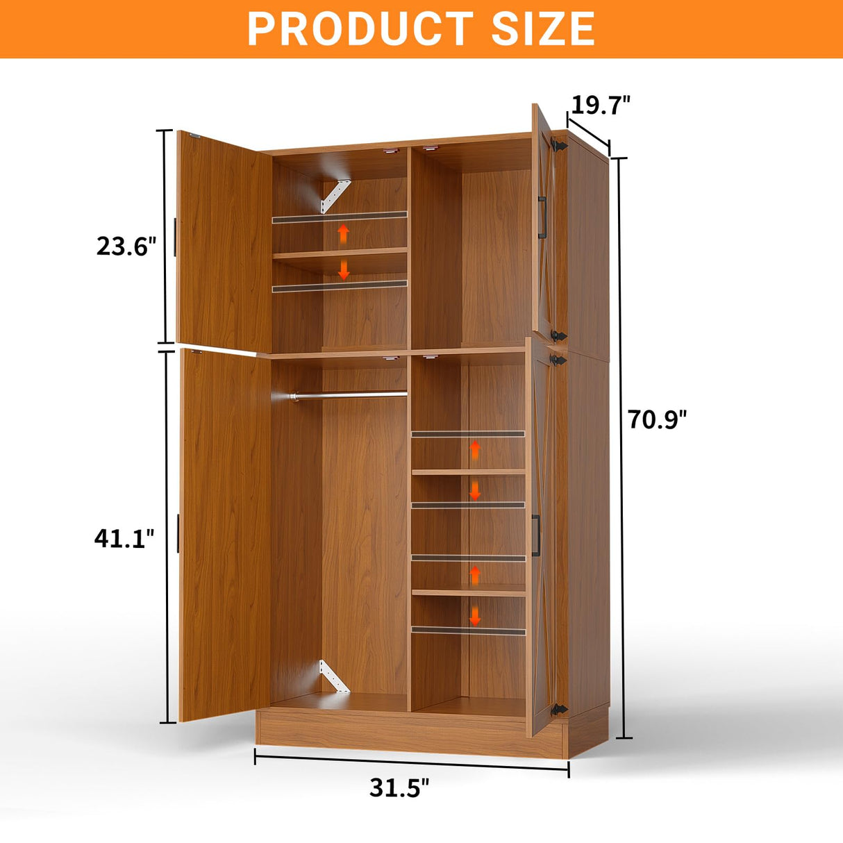 Unikito 71'' Farmhouse Wardrobe Closet with Hanging Rod, 4 Barn Door Storage Cabinet with Adjustable Shelves, Freestanding Closet Wardrobe Cabinet for Bedroom Living Room Office, Highland Oak Unikito