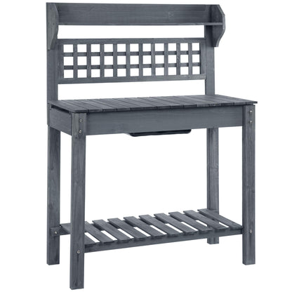 Outsunny Outdoor Potting Bench Table, Wooden Workstation with Sliding Tabletop, Storage Shelf and Dry Sink, for Greenhouse, Garden, Patio, Gray - WoodArtSupply