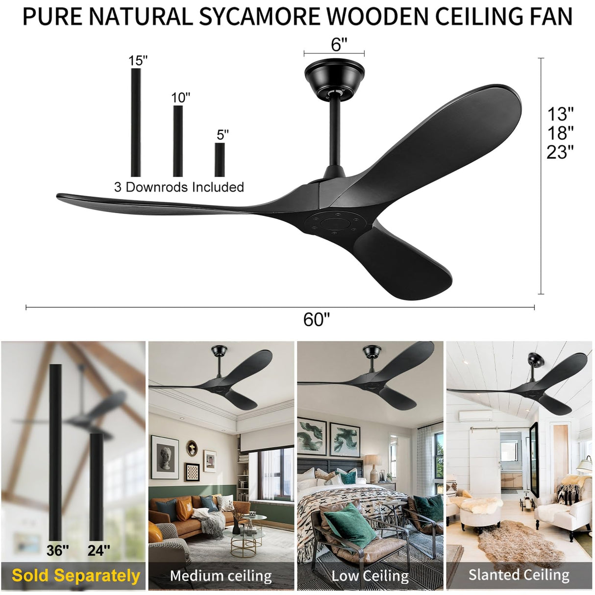 BOOSANT 60" Ceiling Fans Without Light, Solid Wood Ceiling Fan with Remote Control and Quiet DC Motor, Ceiling Fan no Light 3 Blades, Outdoor Ceiling Fans for Patios without Lights BOOSANT