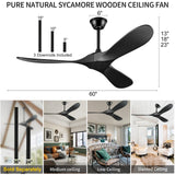 BOOSANT 60" Ceiling Fans Without Light, Solid Wood Ceiling Fan with Remote Control and Quiet DC Motor, Ceiling Fan no Light 3 Blades, Outdoor Ceiling Fans for Patios without Lights BOOSANT