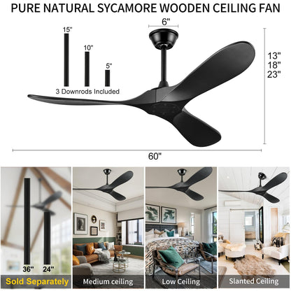 BOOSANT 60" Ceiling Fans Without Light, Solid Wood Ceiling Fan with Remote Control and Quiet DC Motor, Ceiling Fan no Light 3 Blades, Outdoor Ceiling Fans for Patios without Lights