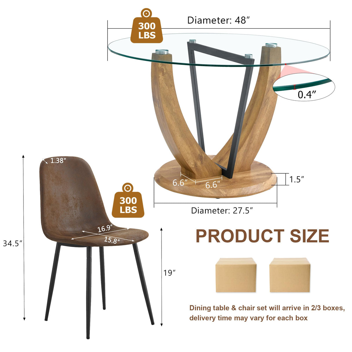 LFVFFA Round Dining Table Set for 4, 48 Inches Kitchen Table with 4 Brown Chairs, Tempered Glass Tabletop with Wood Pedestal Base, 5 Pieces Dinner Table Set for Living Room Apartment LFVFFA