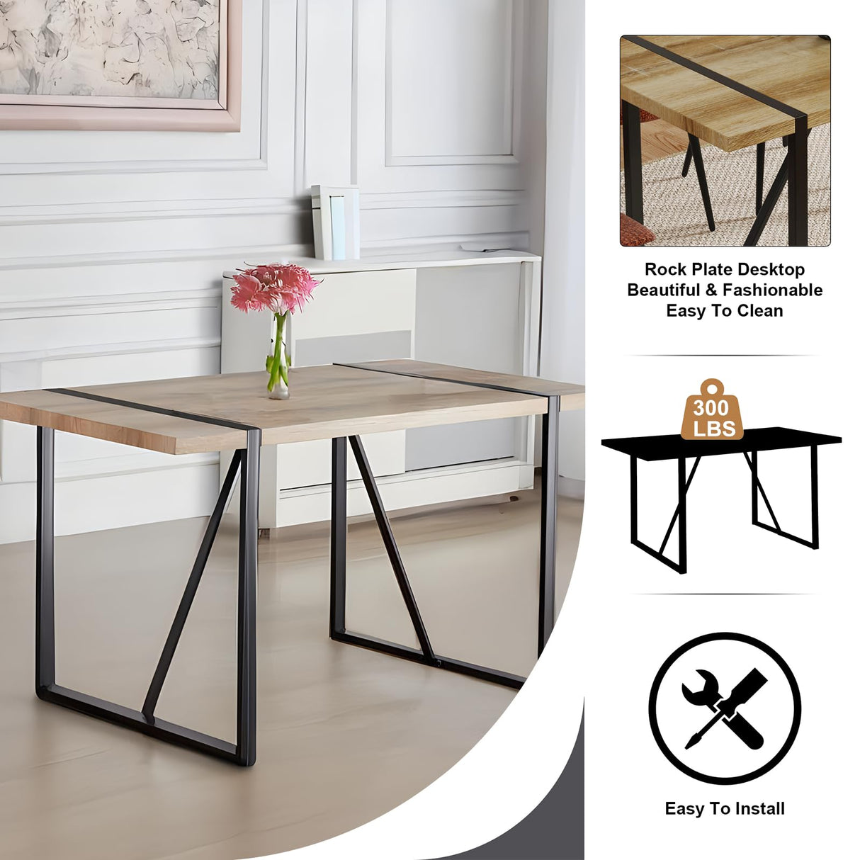 WIIS' IDEA Modern Dining Table Set for 4,Rectangular Solid Wood Dining Table for 4 People,Metal Base and Legs,Suitable for Living Room,Dining Room,Kitchen（55" Dining Table+4 Beige Dining Chairs） WIIS' IDEA