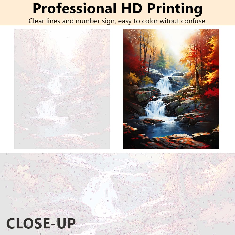TUMOVO Adult Paint by Number Kits on Canvas Autumn Landscape Paint by Numbers for Adult Beginner Forest Waterfall Color by Numbers for Adults Craft Kits - 16x20 Inch, Flameless TUMOVO