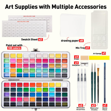 Watercolor Paint Set 100 Colors botkc Travel Water Colors kit with 7 Brushes 8 Watercolor papers Palette set Including Metallic and Accessories Art Supplies Gifts for Kids Artists Teens Adults and Hobbyists botkc