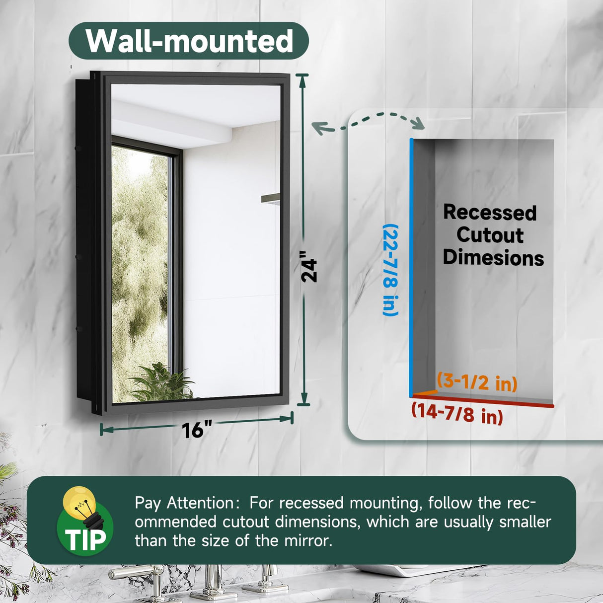 BOHMIROO 16x24 Inch Medicine Cabinet Mirror for Bathroom Recessed Medicine Cabinet with Mirror or Surface Wall-Mounted Aluminum Alloy Framed Bathroom Cabinet Mirror Black Metal BOHMIROO