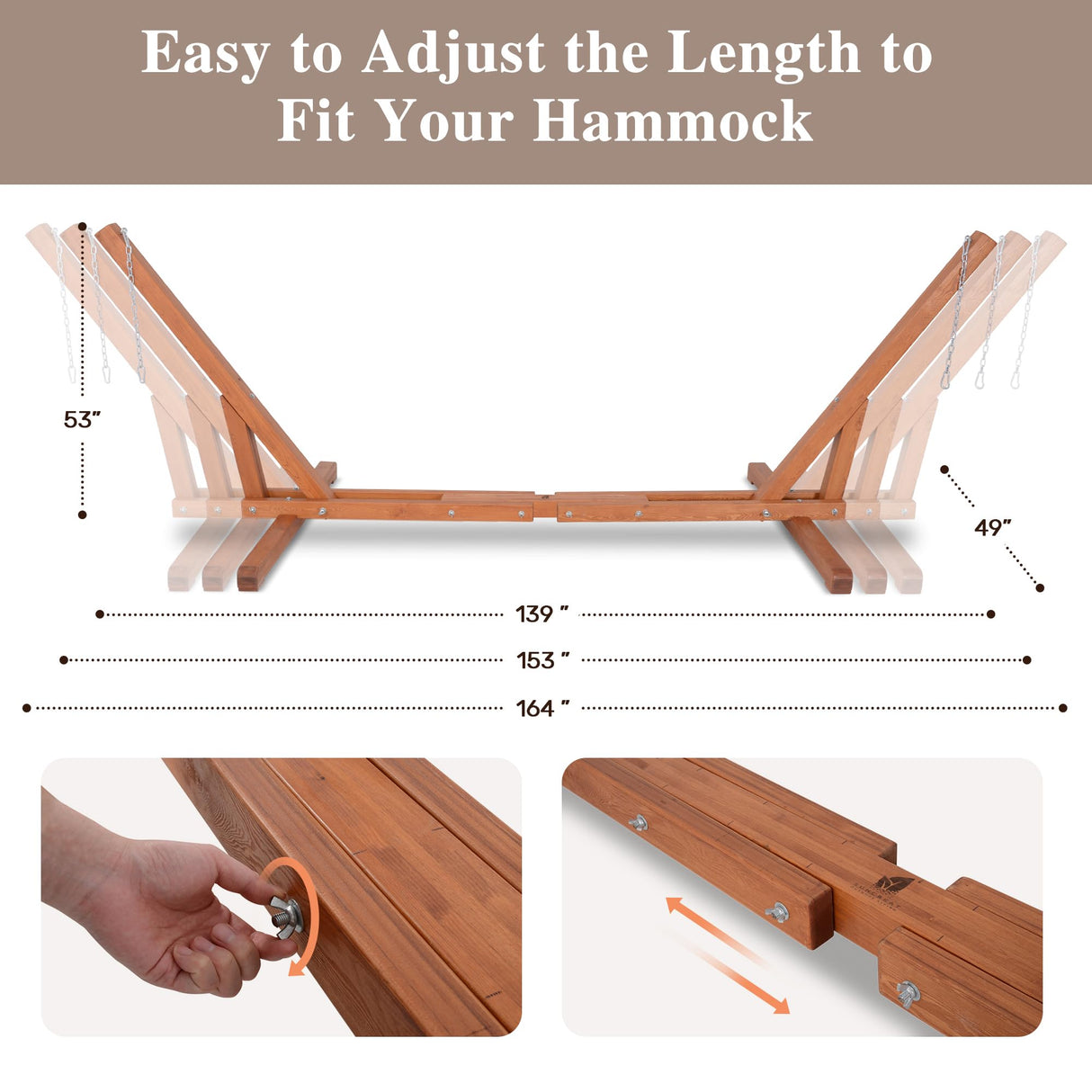 SUNCREAT Adjustable 12-14 ft Wooden Hammock Stand, Outdoor Larch Wood Hammock Stand Only, 475 lbs Capacity SUNCREAT