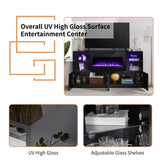 AMERLIFE 3 Piece Modern High Gloss Fireplace TV Stand + Bookcase Set for Living Room Includes 68" TV Stand with 40" Fireplace, 2 X Bookcase Storage Cabinet with Doors & 20 Colors LED Lights, Black AMERLIFE