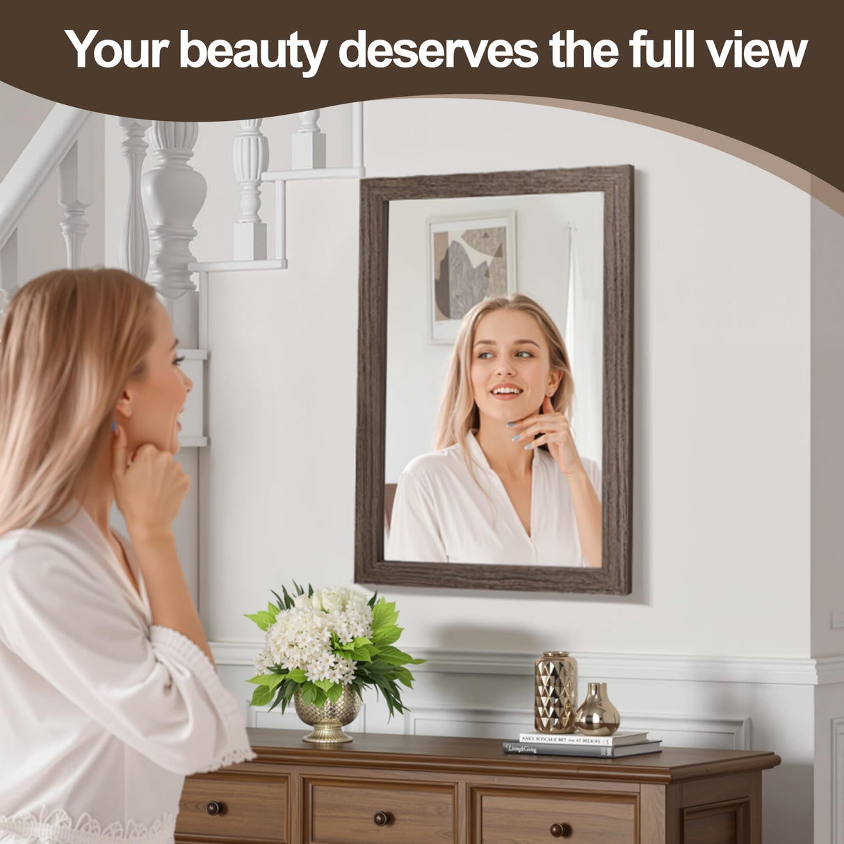 Bathroom Mirror for Wall with Wooden Frame, 36"x24" Rustic Farmhouse Vanity Mirror with Solid Wood Frame, Rectangular Wall-Mounted Mirror for Bathroom, Living Room, or Entryway TRAHOME