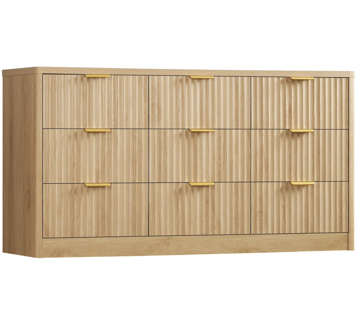 TEENFON Fluted Dresser for Bedroom with 9 Drawers, 63" Wide Modern Chest of Drawers with Metal Handle & Curved Profile Design, Wood Closet Clothes Storage Organizer for Living Room, Hallway, Natural TEENFON