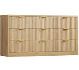 TEENFON Fluted Dresser for Bedroom with 9 Drawers, 63" Wide Modern Chest of Drawers with Metal Handle & Curved Profile Design, Wood Closet Clothes Storage Organizer for Living Room, Hallway, Natural TEENFON