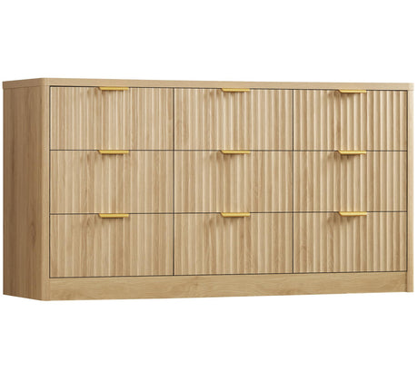 TEENFON Fluted Dresser for Bedroom with 9 Drawers, 63" Wide Modern Chest of Drawers with Metal Handle & Curved Profile Design, Wood Closet Clothes Storage Organizer for Living Room, Hallway, Natural TEENFON