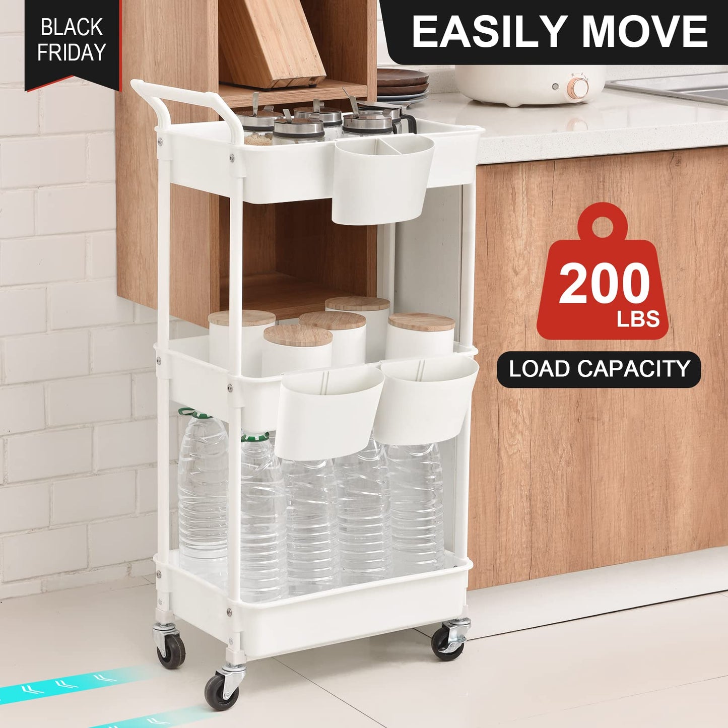 3-Tier Utility Rolling Cart,Mobile Utility Cart with Lockable Caster Wheels,Storage Shelves Organizer Cart, 3 Hanging Baskets, Easy Assembly,for Bathroom, Kitchen, Office, Workshop,White