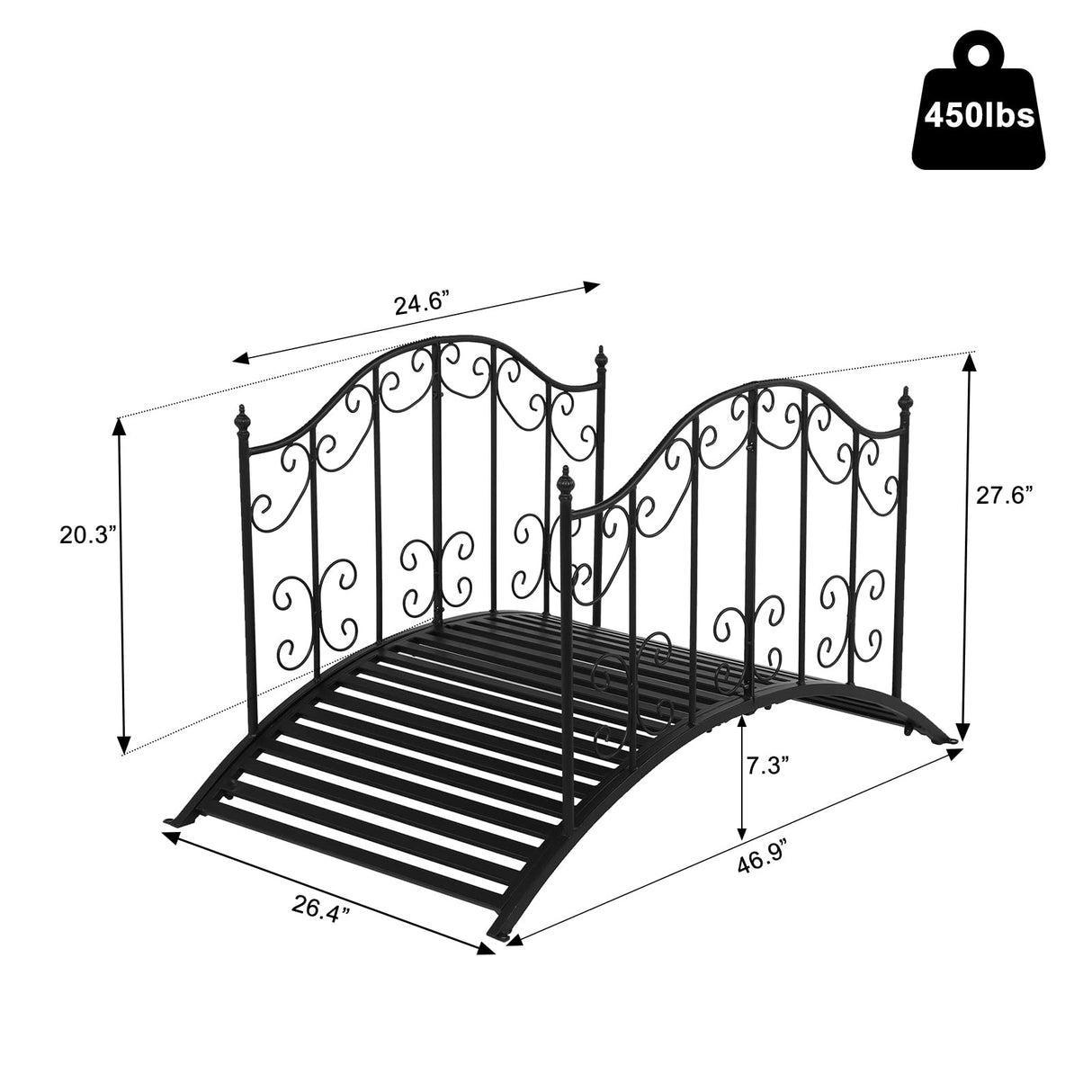 VINGLI Garden Bridge Metal Yard Arch Path Bridge with Patterned Guardrails, Ourdoor Decorative Black Iron Foot Bridge for Pond and Backyard Landscaping-4FT VINGLI
