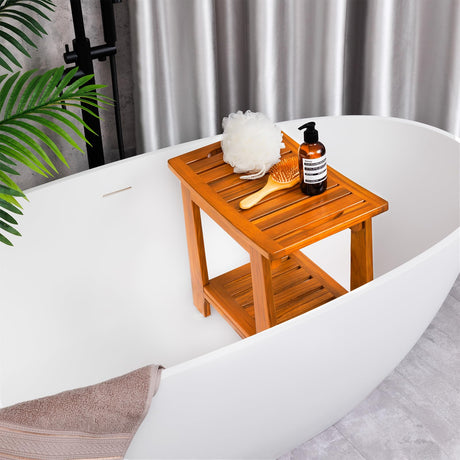 Teak Shower Bench Seat with Handle 14 Inch/Teak Wood Shower Stool with Shelf/Wooden Bathroom Spa Bathing Stool/Waterproof Teak Shower Stool/Indoor and Outdoor Use,Patented Design. NNN