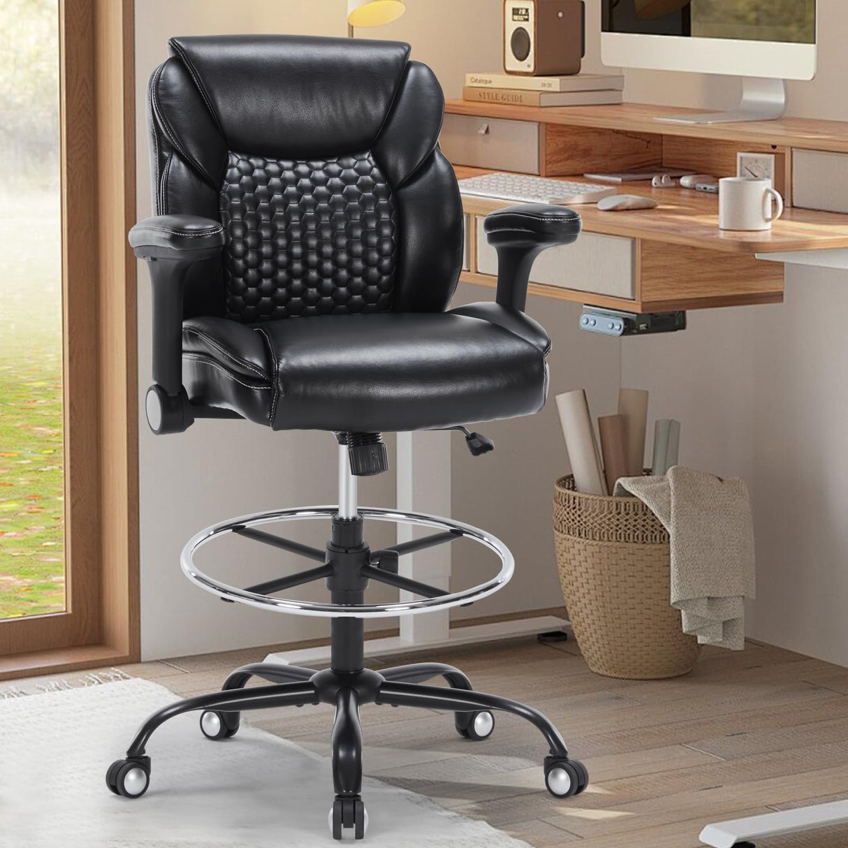 Chairoyal Drafting Chair, Ergonomic Tall Office Chair with Soft Adjustable Arms and Foot Ring, Standing Desk Chair PU Leather High Office Chair for Counter Height Desk, Swivel Computer Stool, Black Chairoyal