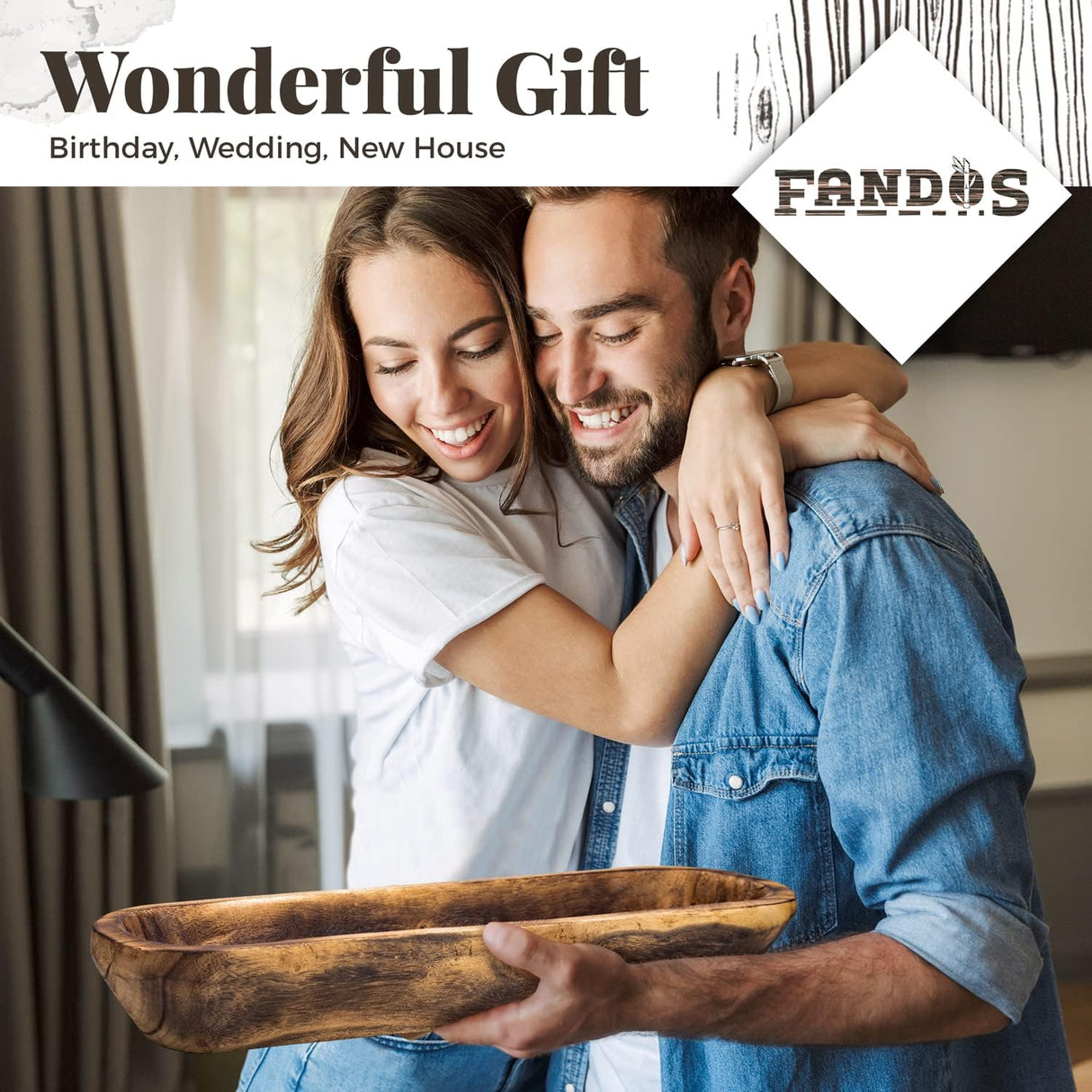 FANDOS Wooden Dough Bowl for Decor -17¾ in Long Dough Bowl Hand Carved Paulownia - Wood Bread Bowl for Decor - Rustic Decorative Long Wooden Bowl for Table Centerpiece FANDOS