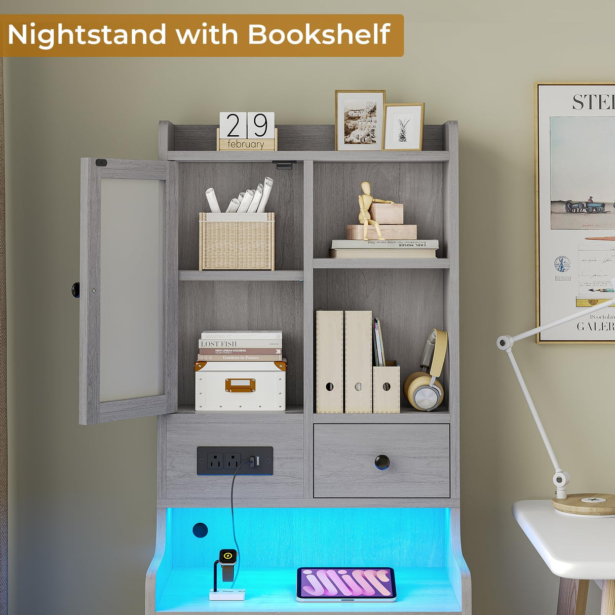 BTHFST Grey Nightstand Set of 2, LED Night Stand Set 2 with Charging Station, Tall Bedside Table with Bookshelf & Drawers, End Side Table with Lights & Storage BTHFST