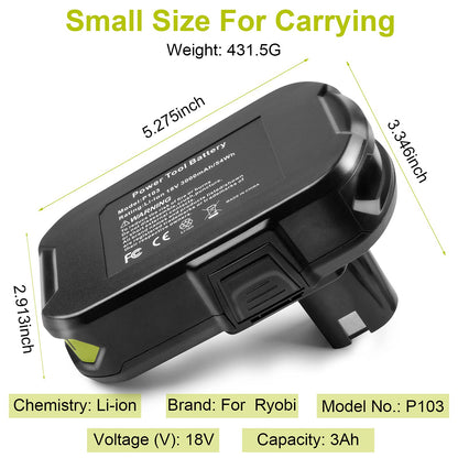 ARyee 3000mAh P108 Compatible with Ryobi Lithium Battery 18 Volt ONE+ P102 P103 P104 P105 P107 P108 P109 P190 P191 P122 with LED - WoodArtSupply