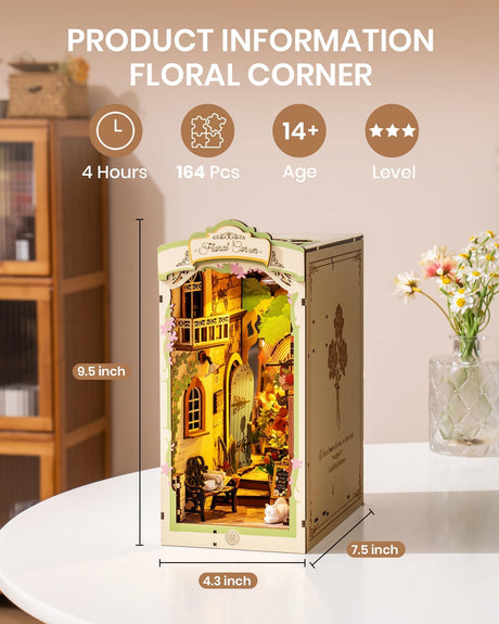 Rolife DIY Book Nook Kits for Adults, Miniature Dollhouse Booknook Kit for Home Room Decor, 3D Wooden Puzzle with LED, Flower Corner Creative Bookends Bookshelf Diorama Insert Rolife