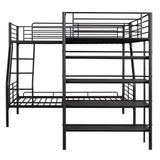 Polibi L-Shaped Metal Corner Bunk Bed with Ladder, Twin Over Full Bunk Bed with Twin Loft Bed and 4 Built-in Shelves, Black Polibi