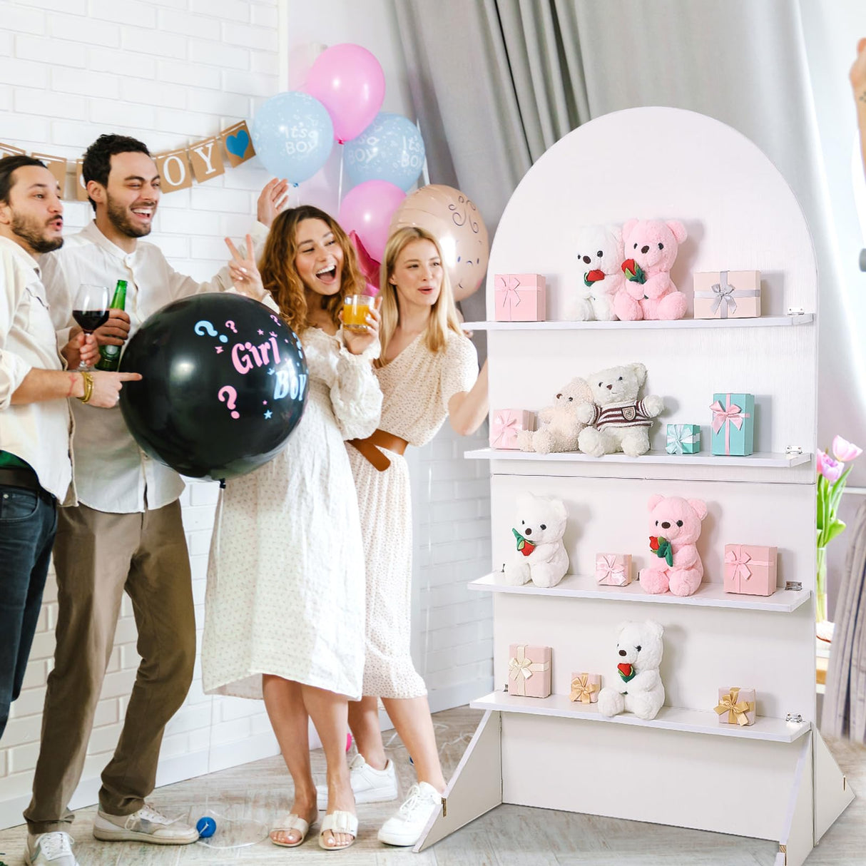 LOYIM 5.9 ft Wooden Arch Party Display 4 Tier Champagne Wall Foldable Treat Wall Display Backdrop Wedding Drink Shelves for Wedding Birthday Event Party Decor LOYIM