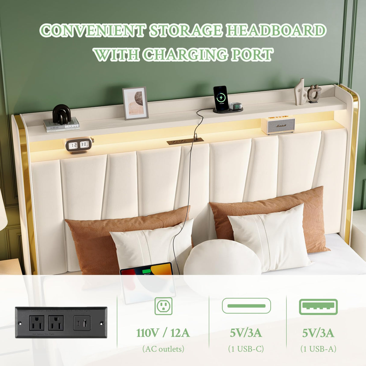 koorlian Queen Bed Frame with 4 Dustproof Drawers and 2-Tier Storage Headboard, 51”Tall Upholstered Platform Bed Frame with Adjustable Headboard, Charging Station, LED Lights, Easy Assembly, Beige koorlian