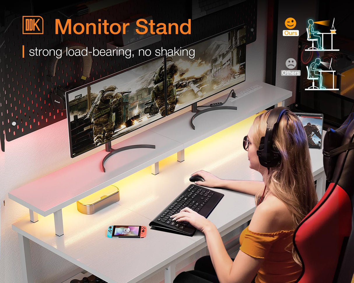 ODK 48 inch Gaming Desk with LED Lights & Power Outlets, Computer Desk with Monitor Stand & Storage Sheves, CPU Stand, Home Office Desk, White ODK