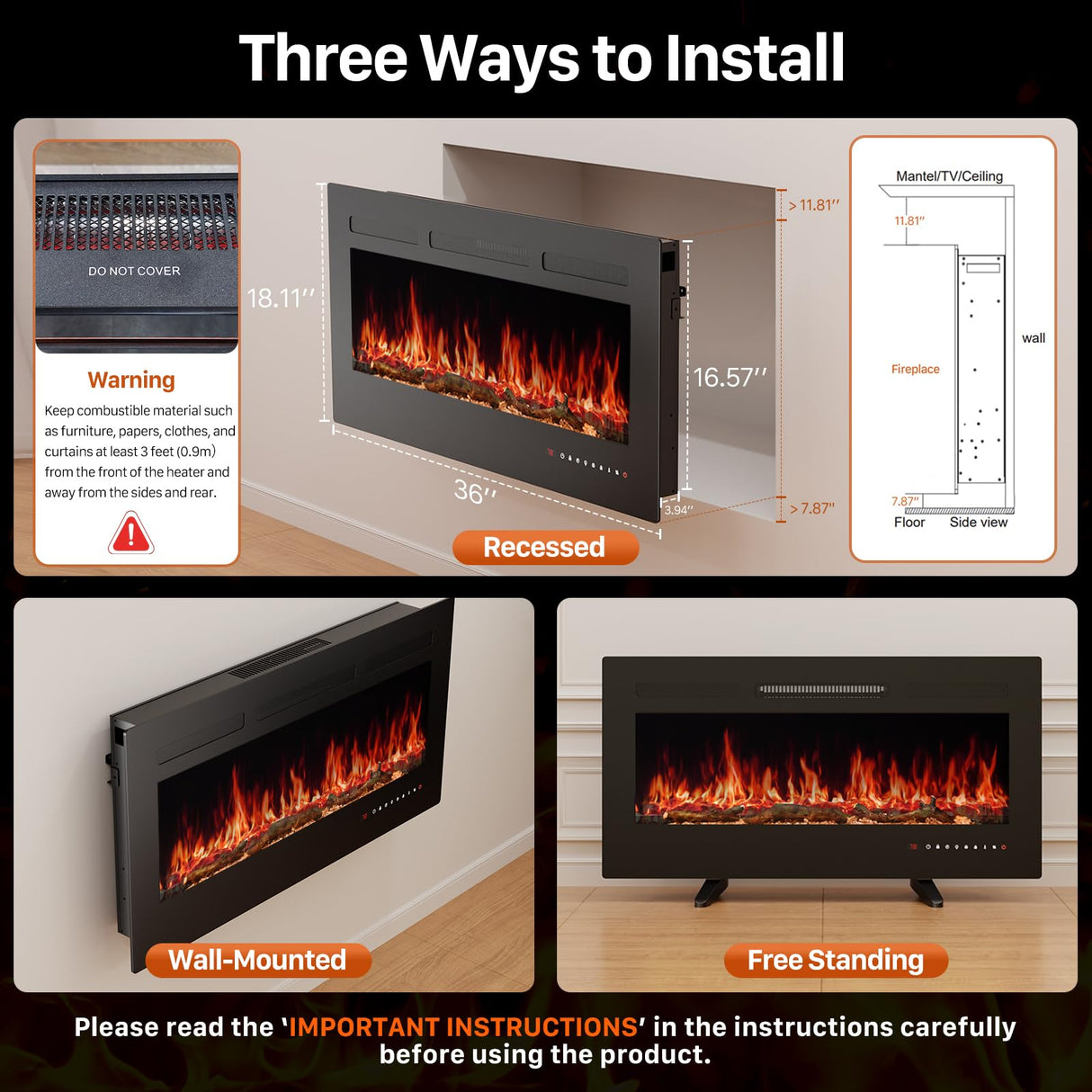 Sweetcrispy 36" Electric Fireplace Wall Mounted or Recessed Insert, 1500W/750W Freestanding Fireplaces Heater with Remote Control,13 Adjustable Flame Color, 12H Timer, Touch Screen Sweetcrispy