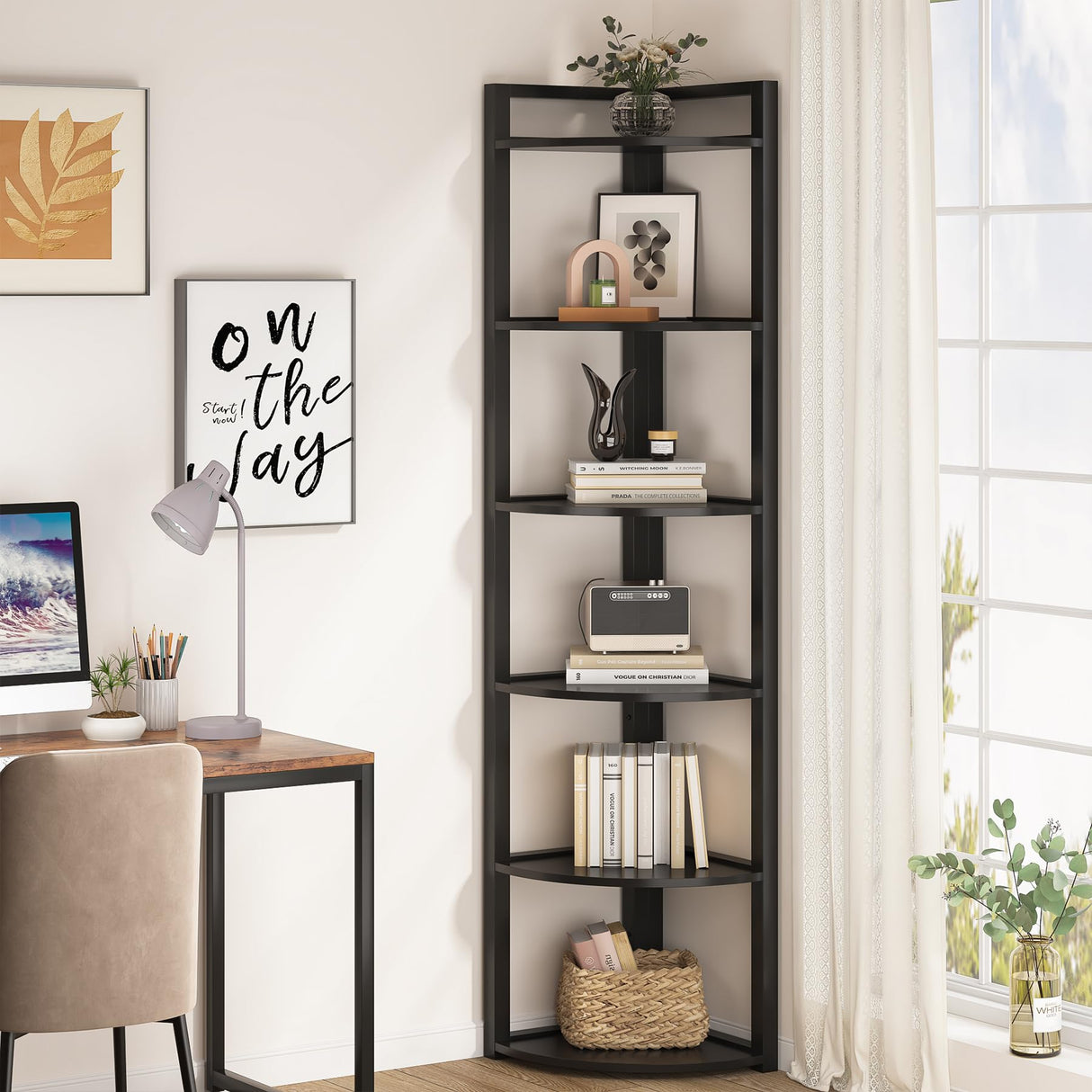 Tribesigns 6 Tier Corner Shelf, 70.9 Inch Tall Corner Bookshelf Small Bookcase Modern Corner Shelving Unit Storage Rack for Living Room, Home Office, Kitchen, Small Space (Black) Tribesigns