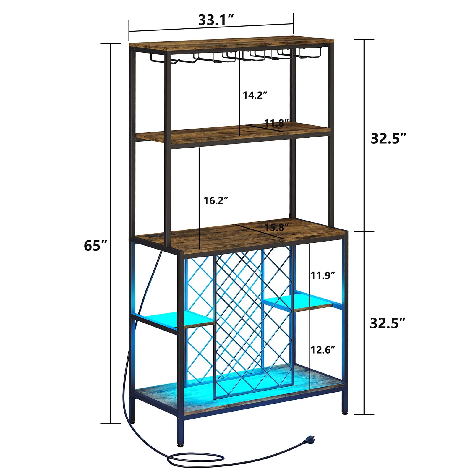 furomate Wine Cabinet with Power Outlets & LED Lights, 5-Tier Industrial Wine Bar Cabinet with Glass Holder, Home Bar Furniture, Wine Ranks for Liquor and Wine Storage, Rustic Brown - WoodArtSupply