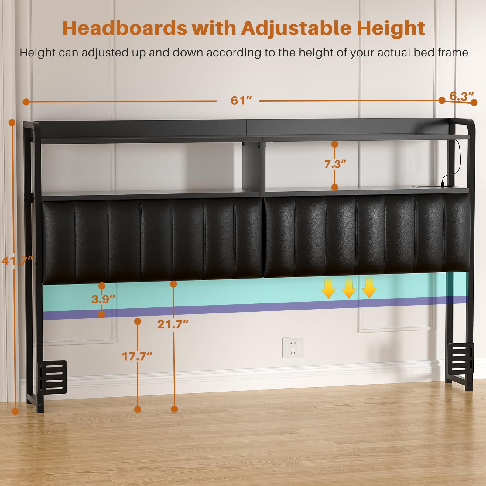 Aheaplus Queen Size Upholstered Headboard with USB Ports, Outlets, LED Lights, and Storage – Black - WoodArtSupply