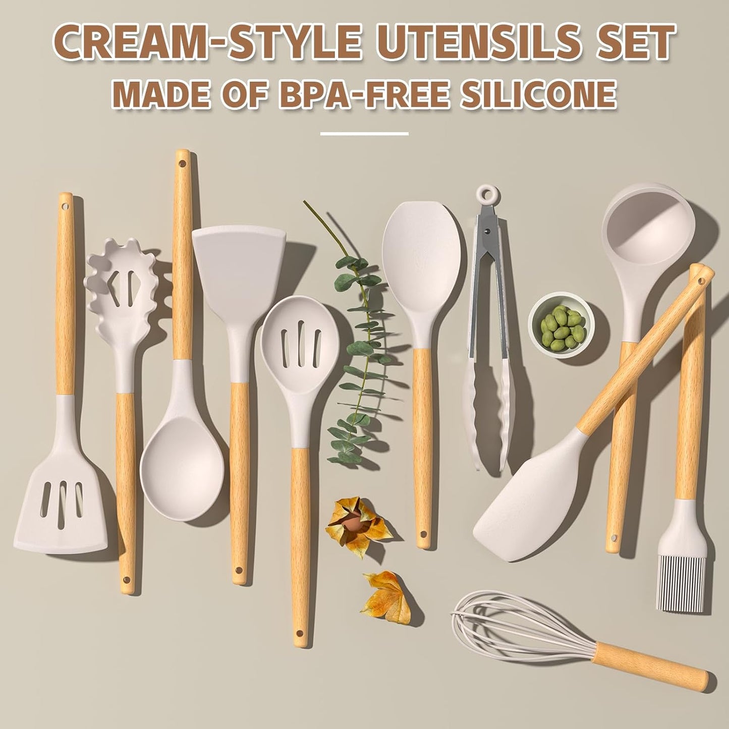 Umite Chef Kitchen Cooking Utensils Set, 33 pcs Non-Stick Silicone Cooking Kitchen Utensils Spatula Set with Holder, Wooden Handle Silicone Kitchen Gadgets Utensil Set (Khaki)