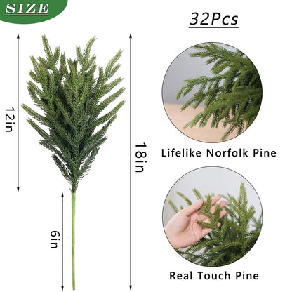 YXZZWL 32 Pcs Christmas Norfolk Pine Branches, 18 Inch Real Touch Artificial Norfolk Pine Branch Faux Cedar Pine Stem Fake Greenery Pine Picks for Vase DIY Garland Wreath Home Decoration