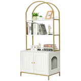 Homhedy Cat Litter Box Enclosure, Litter Box Furniture Hidden with 2-Tier Storage Shelves, Wooden Cat Washroom Furniture with Metal Frame, Modern Style, White and Gold Homhedy
