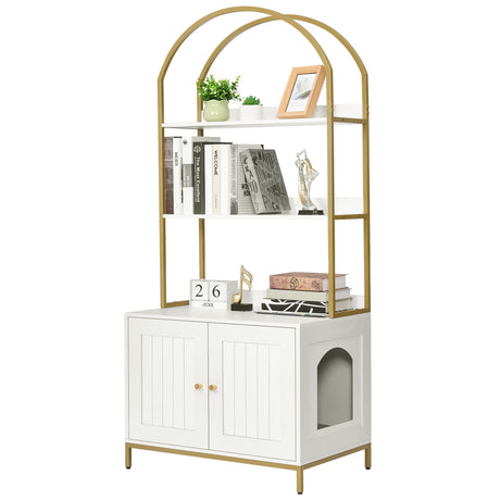 Homhedy Cat Litter Box Enclosure, Litter Box Furniture Hidden with 2-Tier Storage Shelves, Wooden Cat Washroom Furniture with Metal Frame, Modern Style, White and Gold Homhedy
