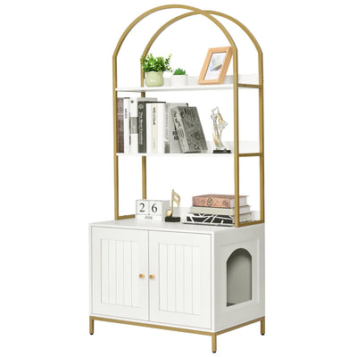 Homhedy Cat Litter Box Enclosure, Litter Box Furniture Hidden with 2-Tier Storage Shelves, Wooden Cat Washroom Furniture with Metal Frame, Modern Style, White and Gold