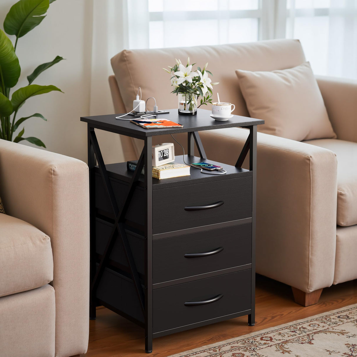 Furmax End Table, LED Nightstand Set of 2 with Charging Station and 3 Wooden Panel Fabric Drawers, 3-Tier Side Table with USB Ports and Outlets, for Bedroom, Living Room, Black Furmax