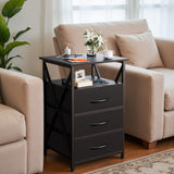 Furmax End Table, LED Nightstand Set of 2 with Charging Station and 3 Wooden Panel Fabric Drawers, 3-Tier Side Table with USB Ports and Outlets, for Bedroom, Living Room, Black Furmax